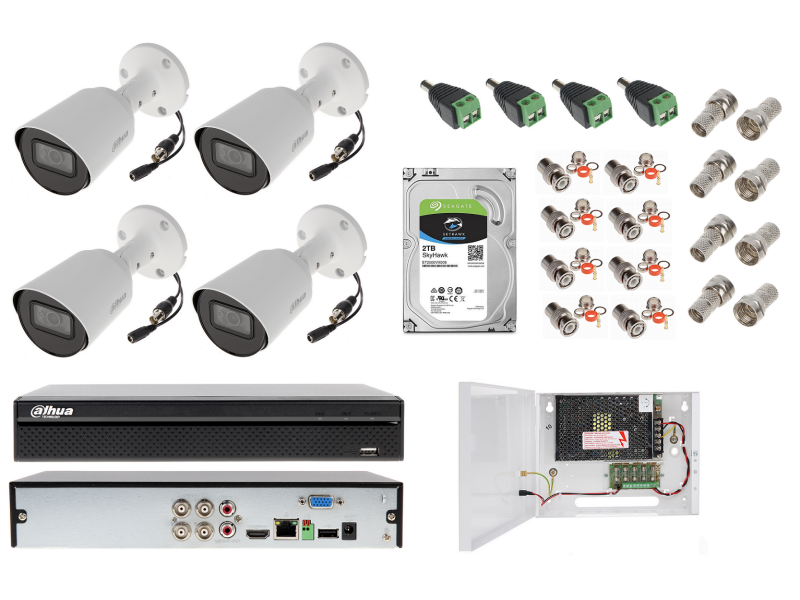 ZESTAW DO MONITORINGU Dahua 4x kamera nocna HAC-HFW1400T-A-0280B, 4Mpx, aplikacja na telefon